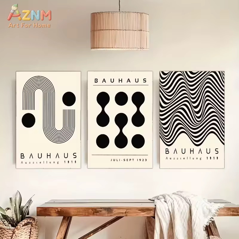 AZNM Bauhaus Geometrischer Leinwand-Wandkunstdruck in Schwarz und Beige mit abstraktem Retro-Design - Bild 3