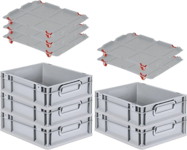 PROREGAL SparSet 5x Eurobox NextGen Grip mit Auflagedeckel und roten Schiebeschnappverschlüssen, Grau, H x B x T: 12 x 30 x 40 cm, 11 Liter - Bild 1
