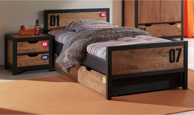 Vipack Set Alex aus Nachtkonsole und Einzelbett aus Kiefer gebürstet, Farbe Braun, B/T/H: 90 x 200 cm - Bild 1