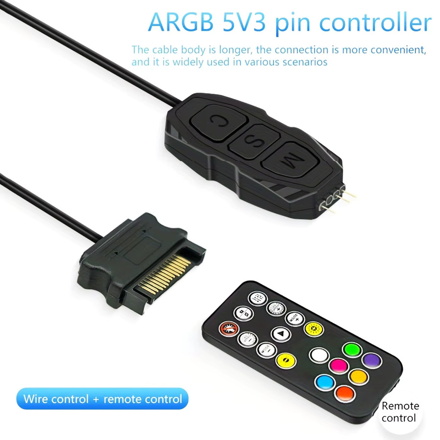 AuyiHomu ARGB-Controller 5V 3-Pin SATA-betrieben für PC-Lüfter, LED-Streifen und Wasserkühler, Schwarz - Bild 2