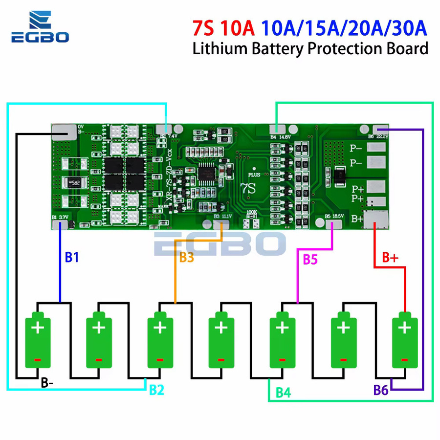 EGBO BMS 7S 24V Li-Ion Batterieladeplatine für 18650 Akkus mit Balance-Funktion und Schutzschaltung in Grün - Bild 3