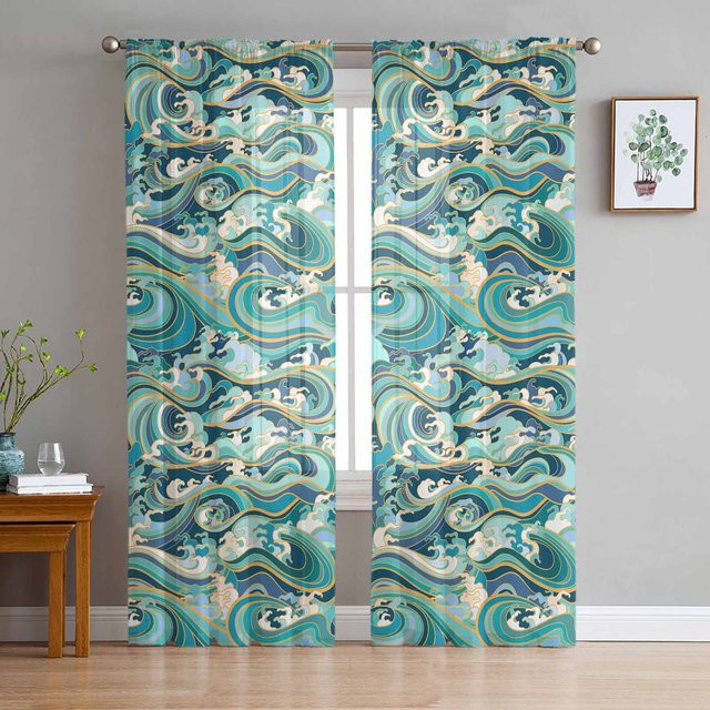 Transparente Tüll-Vorhänge mit abstraktem Sommer-Farbverlauf und Ozeanwellen-Design in Blau, B: 135 cm, H: 115 cm - Bild 1