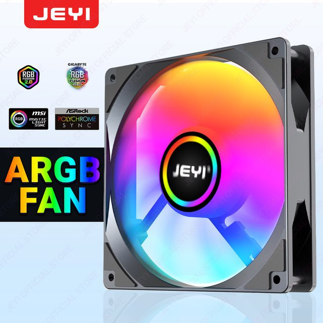 JEYI PC ARGB Kühlventilator 120mm, Schwarz, Ultra leise mit 4-Pin PWM und 5V 3-Pin ARGB Anschluss - Bild 1