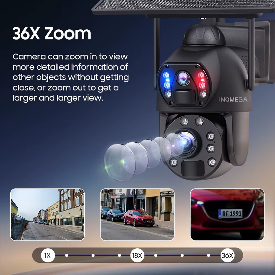 Inqmega Solar Überwachungskamera mit 8MP 4K Auflösung, 4G SIM und WLAN, Dual Lens mit 36x optischem und digitalem Zoom, Human Tracking, Schwarz - Bild 5