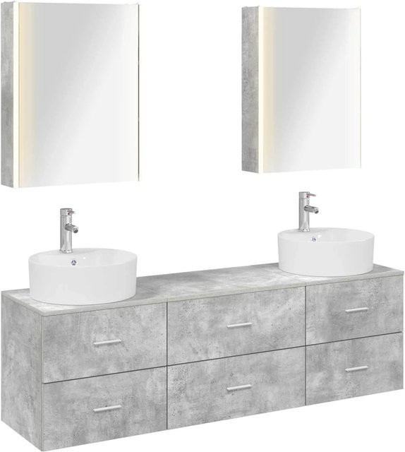 vidaXL Badezimmermöbel-Set 5-teilig in Betongrau mit Waschtischunterschrank, Spiegelschrank und LED-Beleuchtung aus Holz und Glas - Bild 1
