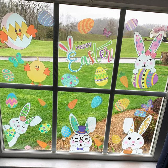 WEIGAO Fensteraufkleber Frohe Ostern mit Hasen, Eiern und Karotten, elektrostatische Osterdekoration für dein Zuhause, mehrfarbig - Bild 1
