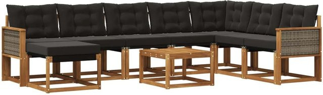 vidaXL Outdoor-Sofagarnitur L-Form aus massivem Akazienholz mit 9 Kissen in Natur und Schwarz - Bild 1
