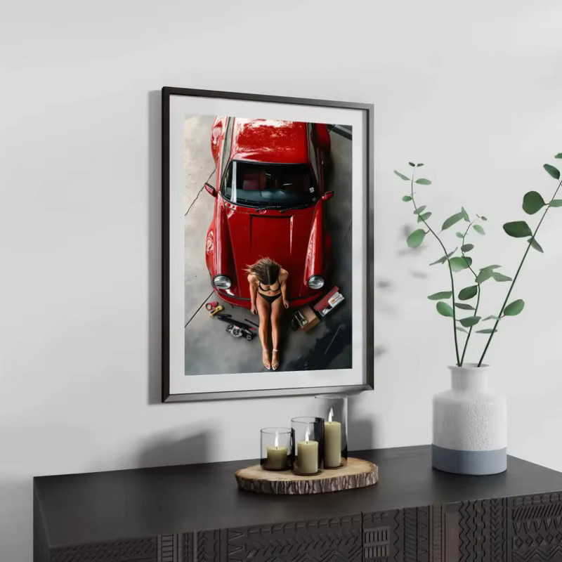 Potdemiel Retro Leinwanddruck Wandkunst mit rotem Sportwagen und Frau für deine Garage oder Heimdekoration - Bild 2