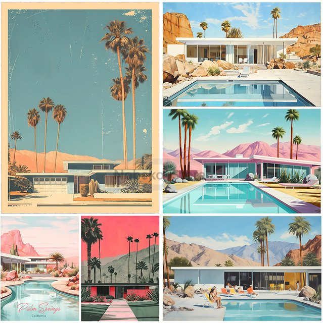 Potdemiel Leinwandgemälde Retro Palm Springs Pool Villa Poster Kalifornien Wüstenlandschaft Wandkunst Mehrfarbig - Bild 1
