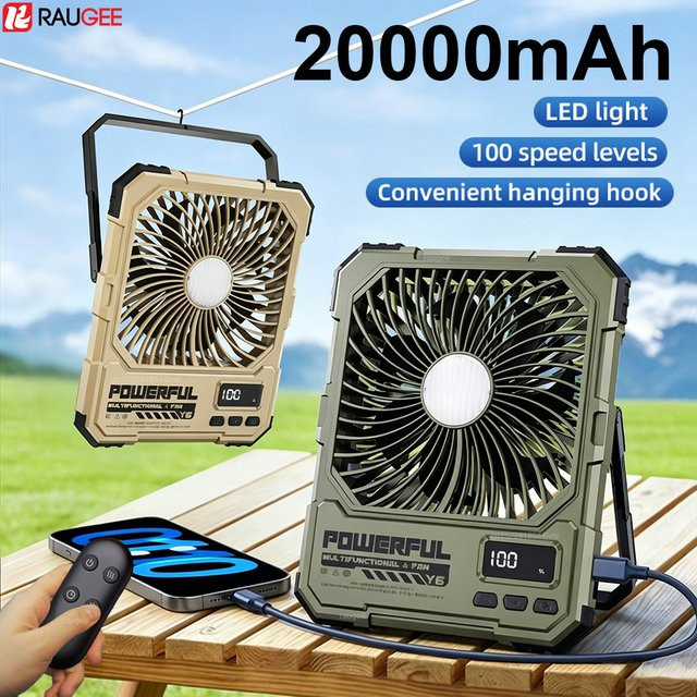 raugee Camping-Ventator Schwarz mit 20000mAh Akku, USB wiederaufladbar, tragbarer hängender Zelt-Deckenventilator mit Fernbedienung und Nachtlicht - Bild 1