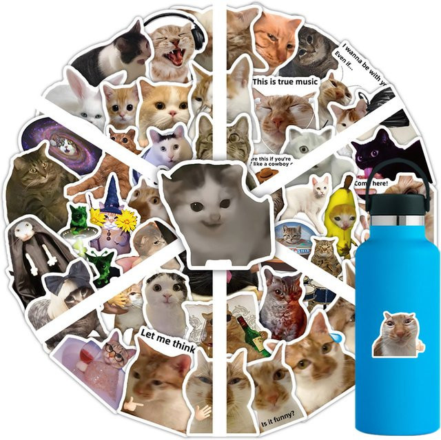 56 Stück Kawaii Cat Meme Sticker Set von AnimeWorlds Store, wasserfeste UV-beschichtete Aufkleber in Multicolour für Journaling und Geräte - Bild 1