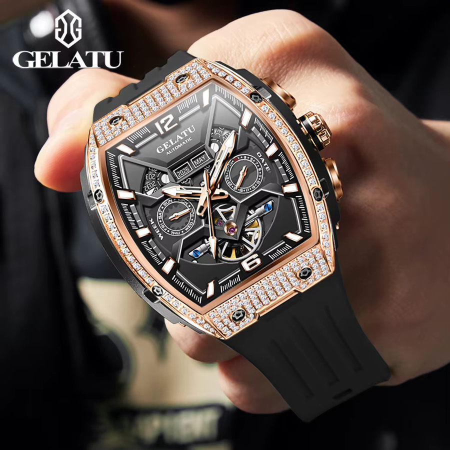GELATU Armbanduhr, Automatik, Diamant, Silikonarmband, Herren, Schwarz - Bild 2
