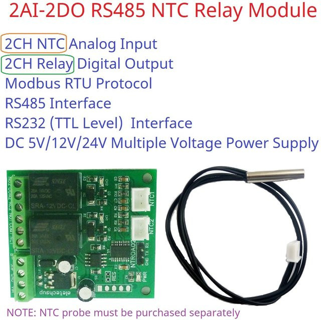 eletechsup NTROA02 Remote IO Modul mit 2 AI, 2 DO, NTC Relais, RS485 RS232 TTL Modbus RTU Analog Digital Eingang und Relais Ausgang in Grün - Bild 1