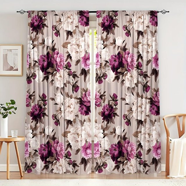 Yiran Furniture Vorhänge mit Blumenmuster in Mehrfarbig, 2er-Set, halbtransparent, Breite: 110 cm, Höhe: 214 cm - Bild 1