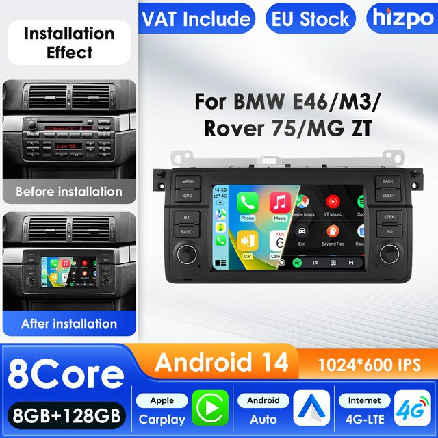 Hizpo 2Din 7 Zoll Android 14 Autoradio mit Carplay, 4G AI System, GPS und RDS für BMW E46 M3 und Rover 75 in Schwarz - Bild 1