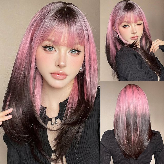 EASIHAIR Perücke, lange geschichtete Synthetik-Perücke mit Pony, Ombre Schwarz bis Rosa Lila, Damen - Bild 1