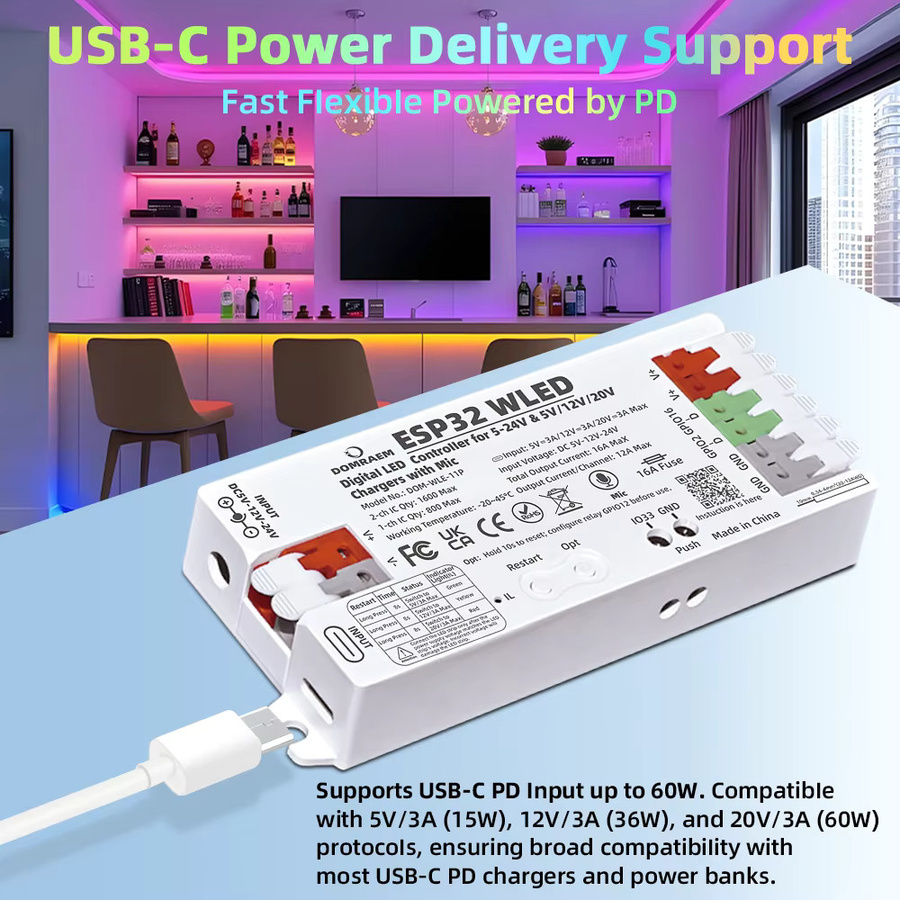 DOMRAEM PD ESP32 WLED Digitaler LED-Controller mit Mikrofon, Dualer Stromeingang USB-C PD & DC5-24V für WS281x APA102 SK6812, Weiß - Bild 2