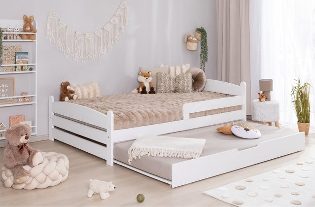 TiCAA Einzelbett Mello Kinderbett und Jugendbett aus Massivholz mit Schubladen in Weiß im skandinavischen Design - Bild 1