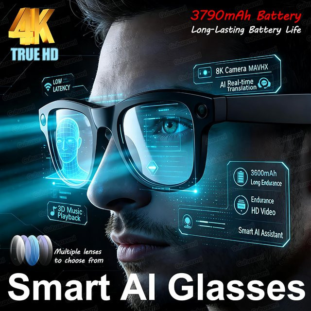 GUHUAVMI KI-Smart-Brille mit 4K HD-Kamera, 800W Videoaufnahme, Sprachübersetzung und 3D-Musikplayer, 3790mAh Akku, Schwarz oder Blau - Bild 1