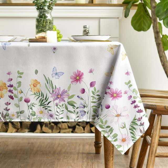 Wasserdichte Tischdecke von JINGYUE Pet mit Frühlings-Wildblumen- und Schmetterlingsmuster, rechteckig, Weiß, B: 140 cm, L: 280 cm - Bild 1
