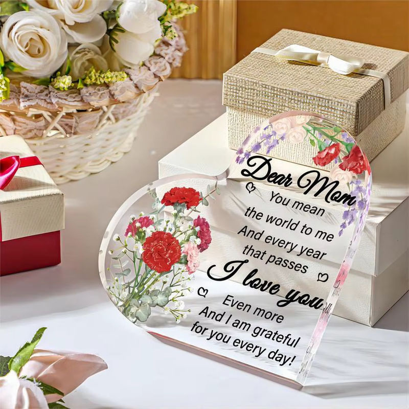 Herzförmige Acryl-Plakette mit floralem Blumenmuster als Geschenk für Muttertag oder Geburtstag in transparentem Design - Bild 4