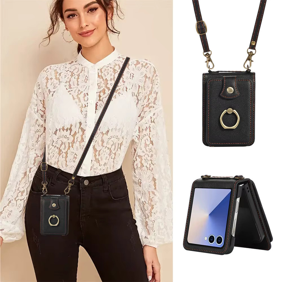 Leder Umhängetasche mit Fingerringhalter und Kartenfach als Handyhülle für Samsung Galaxy Z Flip 7 6 5 4 3 FE in Purple - Bild 2