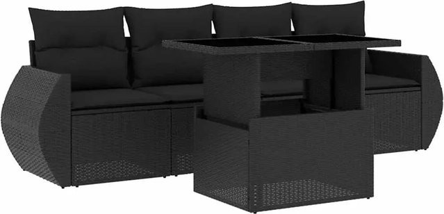 vidaXL 5-tlg Garten-Sofagarnitur aus Poly-Rattan in Schwarz mit Kissen und Gartentisch - Bild 1