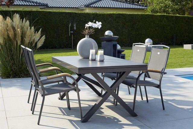 Hartman Xanadu Raffaelo Garten-Essgruppe aus Aluminium, Teak und Glaskeramik in Xerix/Natur mit 4 Dining Sesseln und ausziehbarer rechteckiger Tischplatte, B/T/H: 160 x 100 cm bis 220 x 100 cm - Bild 1