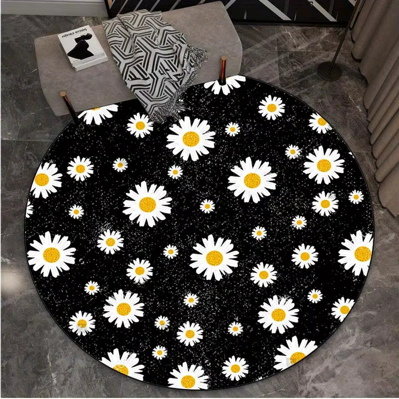 VIKAMA Runder Teppich Fresh Daisy in Schwarz, waschbare Bodenmatte mit floralem Design für Schlafzimmer, Büro und Eingangsbereich, Durchmesser: 80 cm - Bild 3