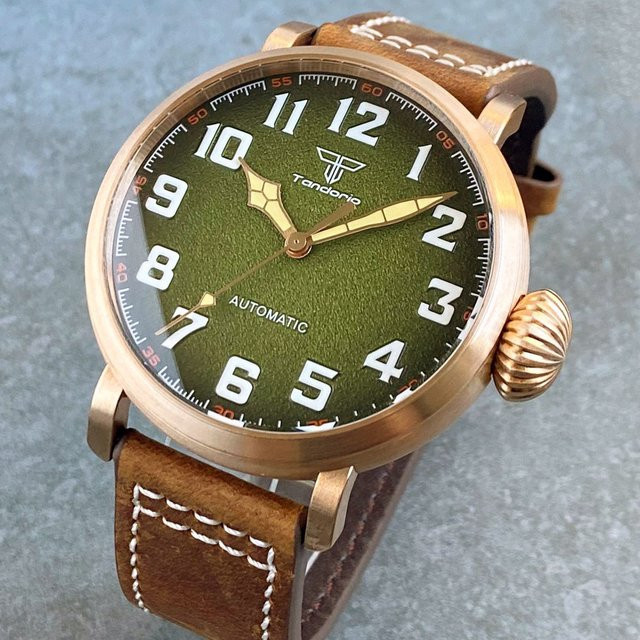 Tandorio Armbanduhr, Bronze, Automatik, 47 mm, Herren, Leder, Grün - Bild 1