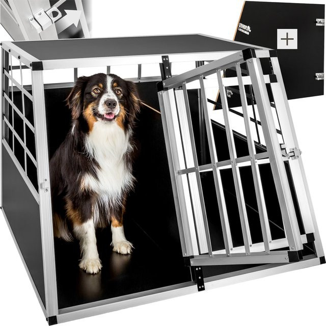 tectake Hundetransportbox Doppel aus Aluminium und furniertem Holz mit gerader Rückwand und Gittertür, Schwarz, B/T/H: 97 x 90 x 69,5 cm - Bild 1