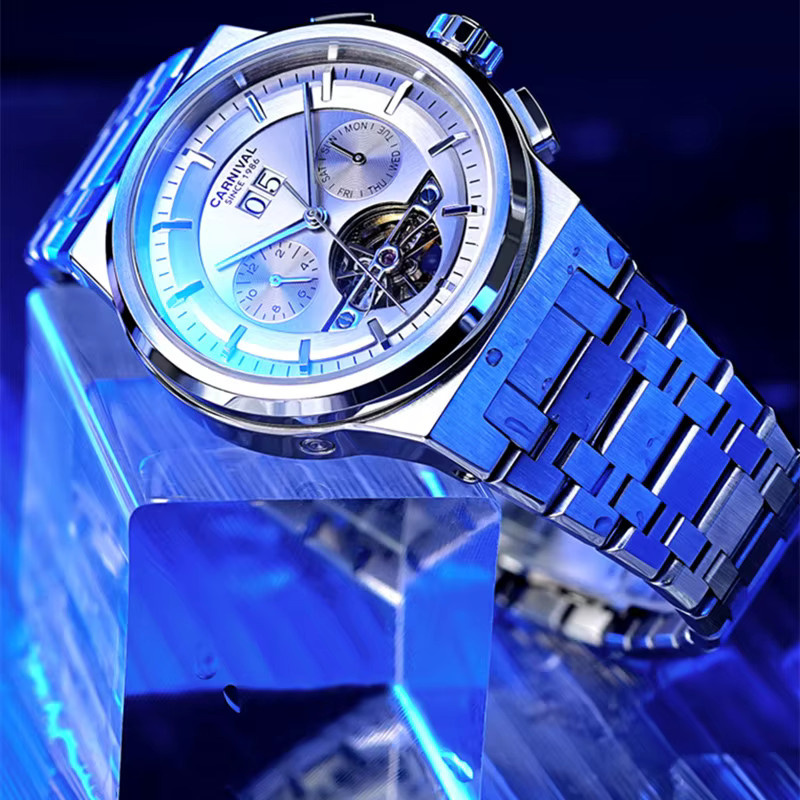 KARNEVAL Armbanduhr Automatik, Edelstahl, Silber, Leder, Herren - Bild 1