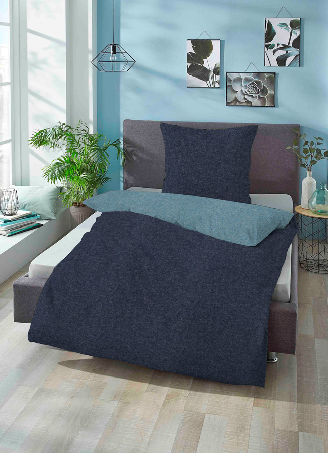 Biberna Bettwäsche Set aus Baumwolle in Blau, Flanell, Reversible Bettwäsche mit Bettbezug und Kissenbezug, B/H: 200 x 200 cm, B/H: 80 x 80 cm - Bild 2
