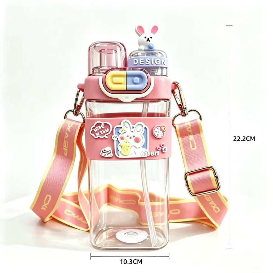 CXASP Kinder Trinkflasche mit Cartoon-Hasen Motiv und Strohhalm, quadratischer Doppel-Trinkbecher, pink, BPA-frei und auslaufsicher - Bild 4