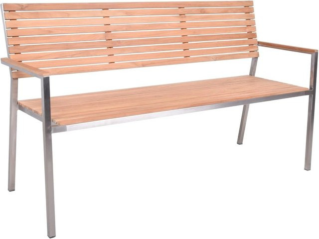 DELUKE Gartenbank LEON 3-Sitzer aus Teak und Edelstahl in Silber, wetterfeste Terrassenbank für den Außenbereich, Breite: 144 cm - Bild 1