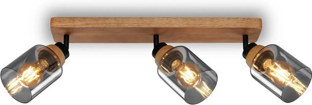 Briloner Deckenleuchte Royk 3-flammig schwenkbar mit Holzbasis und Rauchglas in Schwarz und Braun, E27 Fassung - Bild 1