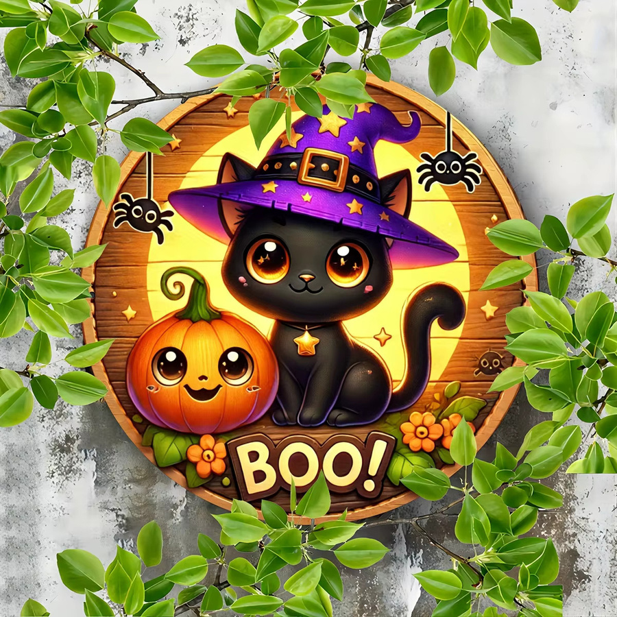 Potdemiel Halloween-Schild mit schwarzer Katze, rundes Aluminium-Dekor für Wand und Tür, Durchmesser: 20 cm - Bild 6