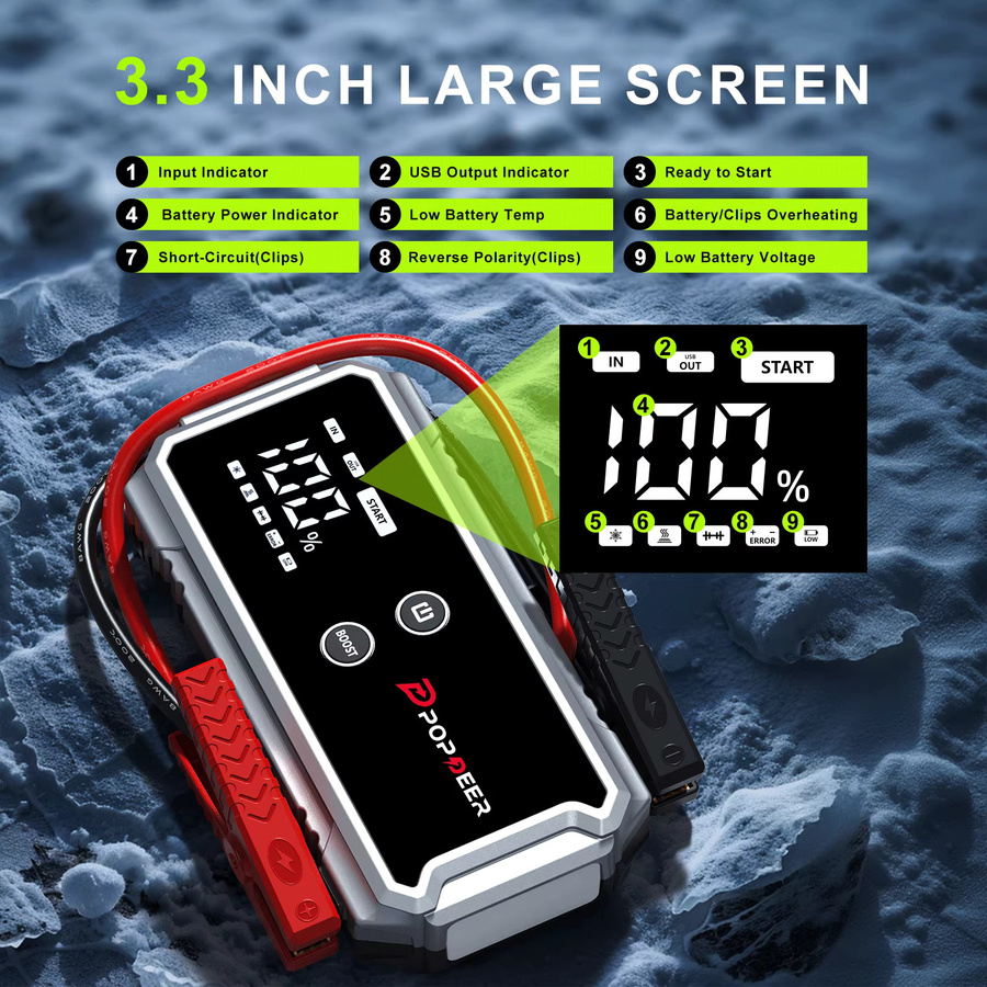 POPDEER PD-ONE 4000A All-in-One Starthilfegerät in Schwarz mit Smart-Klemmen, Powerbank, LCD-Display und LED-Taschenlampe, geeignet für bis zu 8L Benzin und 6L Diesel - Bild 5
