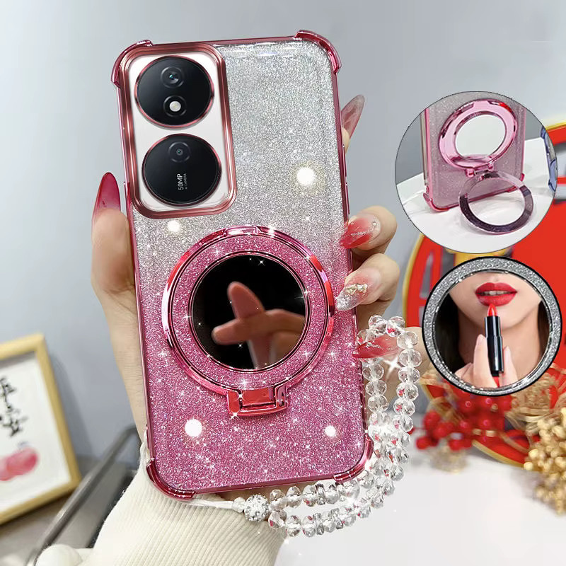 Stoßfeste Handyhülle mit Glitzer-Effekt, Spiegelständer und Perlenarmband für Huawei Honor X7b und Play 8T 90 Smart in Schwarz oder Pink - Bild 1