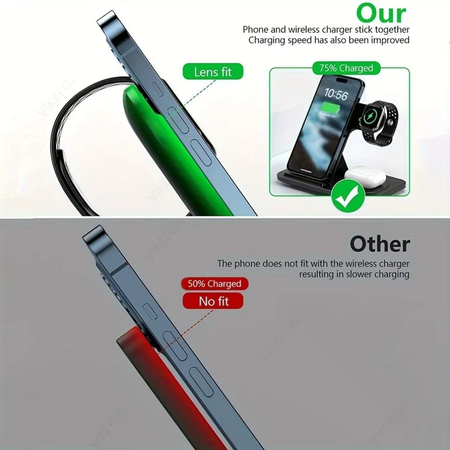 VIKEFON Faltbare 3-in-1 Kabellose Schnelllade-Station für iPhone, iWatch und AirPods Pro/3, iOS-kompatibel, Weiß oder Schwarz - Bild 5