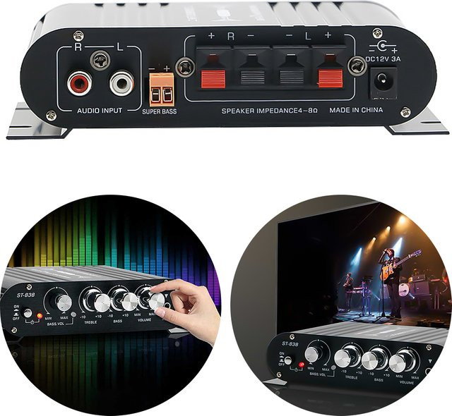VODOOL ST-838 HiFi 2.1-Kanal Stereo-Leistungsverstärker mit Bass- und Höhenregelung, 80W*2, Schwarz/Silber, für Auto und Zuhause - Bild 1