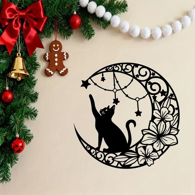 DDPNKL Metall-Wandkunst Katze auf Halbmond mit Sternen in Schwarz - Bild 1