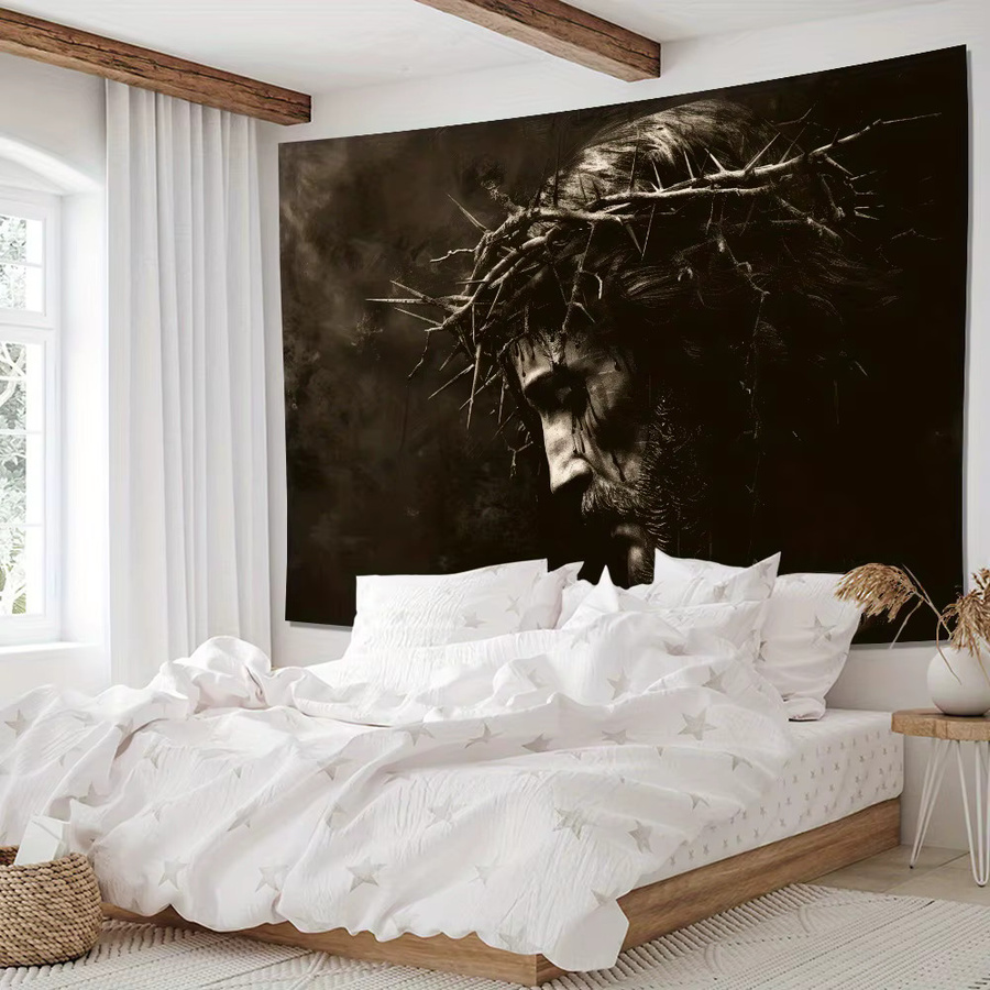 VIKAMA Religiöser Wandteppich Jesus Dornenkrone in Vintage-Optik, Schwarz, Rechteckig - Bild 3