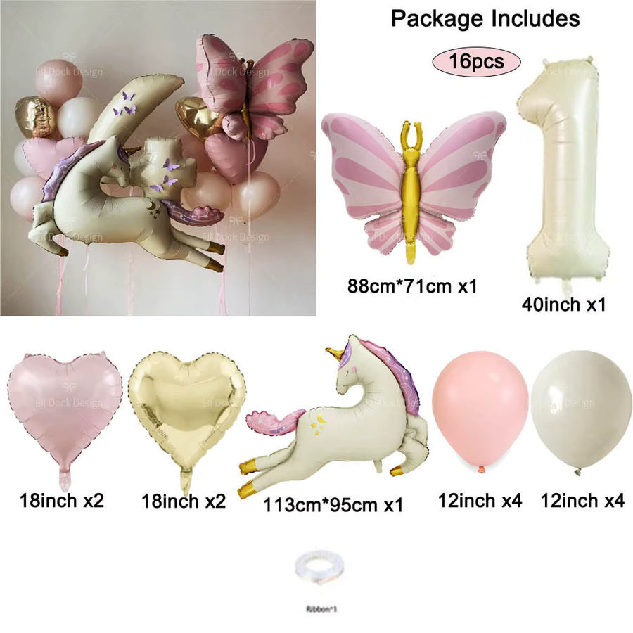 16 Stück Matte Retro Aluminiumfolienballons mit Einhorn und Schmetterling in Mehrfarbig für Geburtstags- und Hochzeitsdekoration - Bild 2