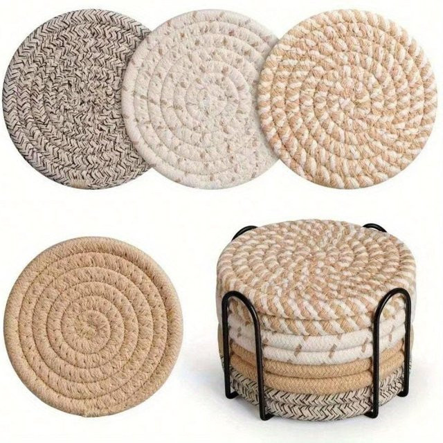 8 Stück LChome Untersetzer aus gewebtem Baumwollseil in Beige mit Halter zur Hitzebeständigkeit für Tassen und Schüsseln - Bild 1
