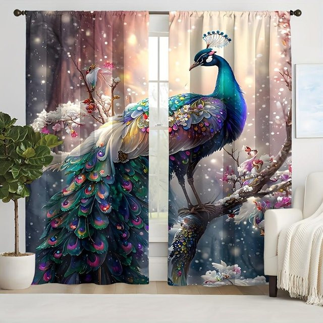 Zweierpack Pfauenmuster Gardinenpaneele aus Polyester in Multicolour, halbtransparent mit Gardinenstangen-Tasche, B: 50 cm, H: 130 cm - Bild 1