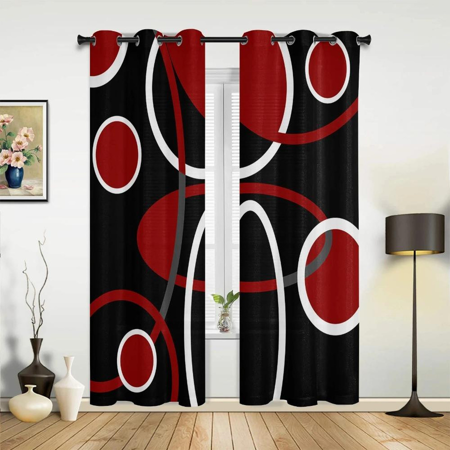 Yiran Furniture Vorhänge 2er-Set mit geometrischem abstraktem Linienmuster in Rot und Schwarz, semi-transparent, Polyester, mit Ösen, Breite: 100 cm, Höhe: 130 cm - Bild 2