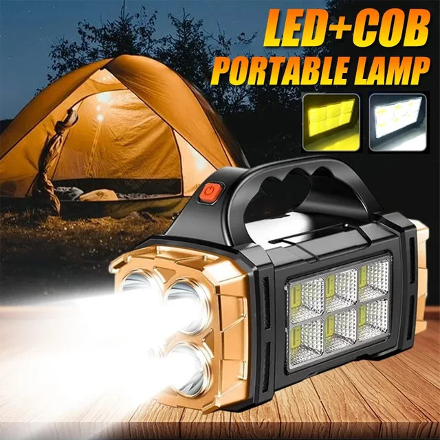XIWANGFIRE Solar-Taschenlampe mit LED und COB-Arbeitslicht, wasserdichte wiederaufladbare USB-Taschenlampe in Schwarz für Camping und Outdoor - Bild 1