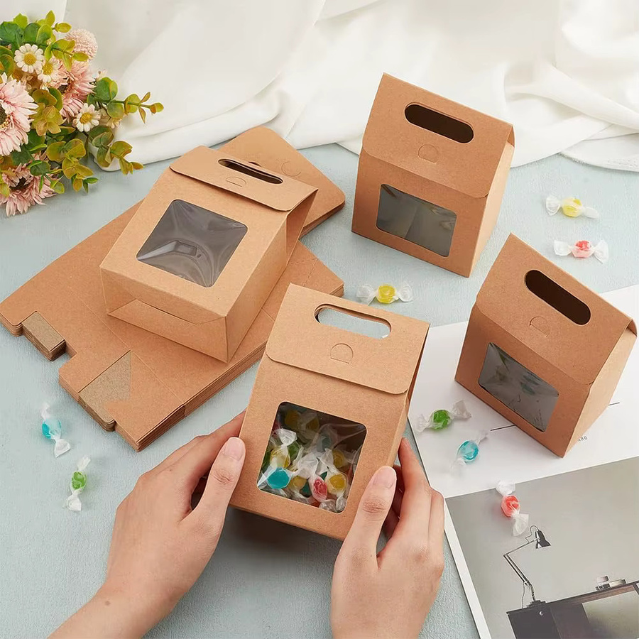 10 Geschenkboxen aus Kraftpapier mit Sichtfenster und Griffen in Braun und Weiß - Bild 4
