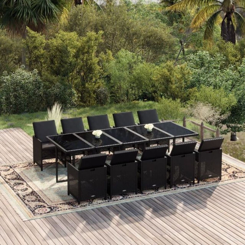 11-teilige moderne Garten-Essgruppe aus Poly-Rattan mit Kissen in Schwarz von vidaxl - Bild 1